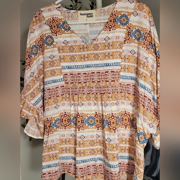 Savanna Jane Tops - Savannah Jane Boho Southwestern Tunic Top Flutter Sleeves Sz Small